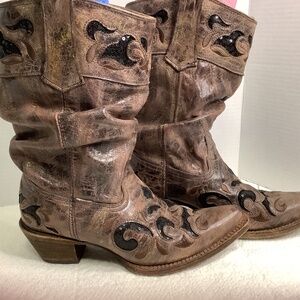 Corral boots brown/camel/tobacco leather sequins slouch western cowboy boots